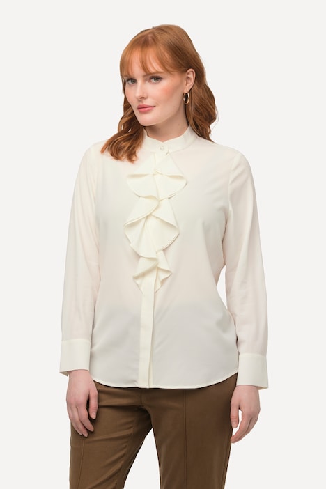 Seiden-Stretchbluse, Stehkragen, Rüsche, Langarm