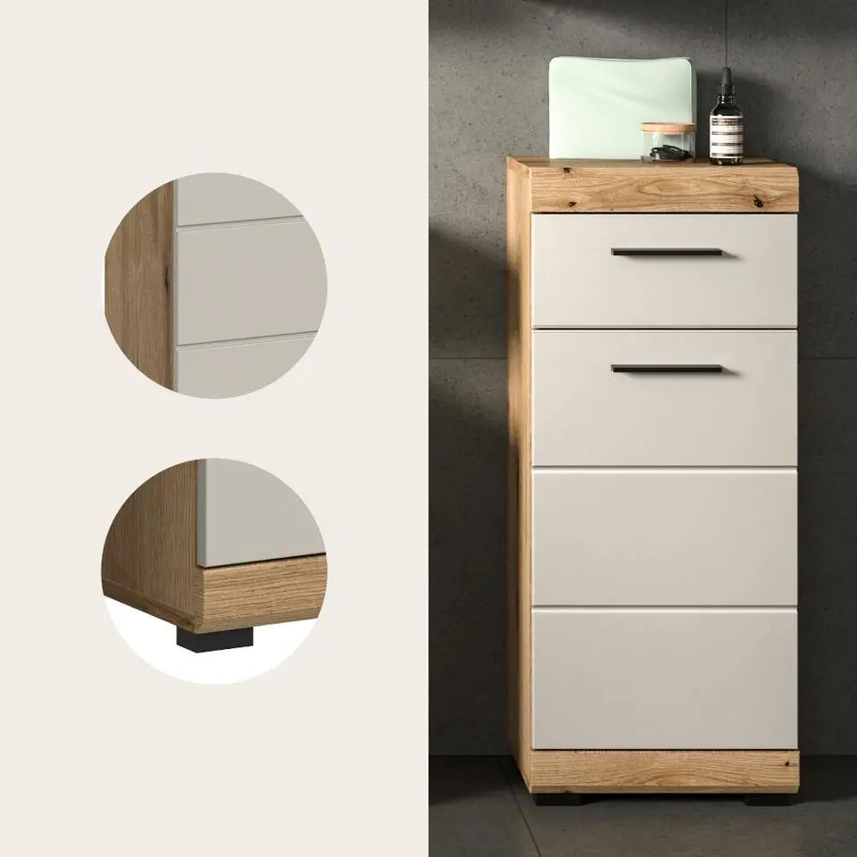 Hioshop Scout badkamerkast 1 deur- 1 lade kasjmier decor mat- eiken decor