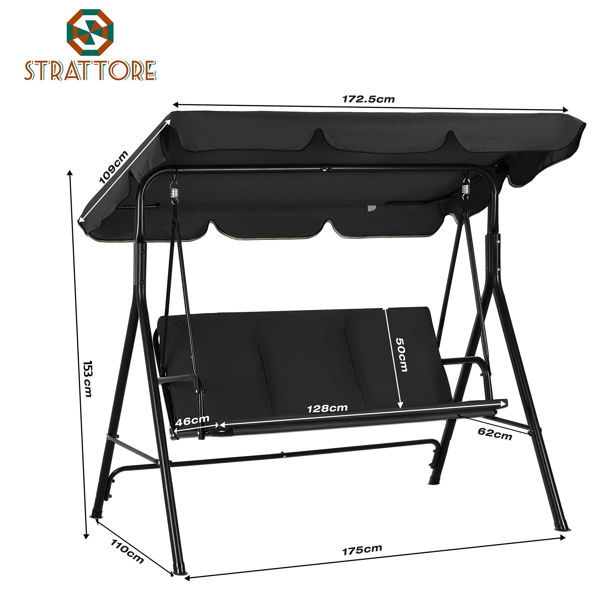 Strattore Hollywoodschaukel Gartenschaukel / Gartenliege 175 x 110 x 153 cm - Schwarz