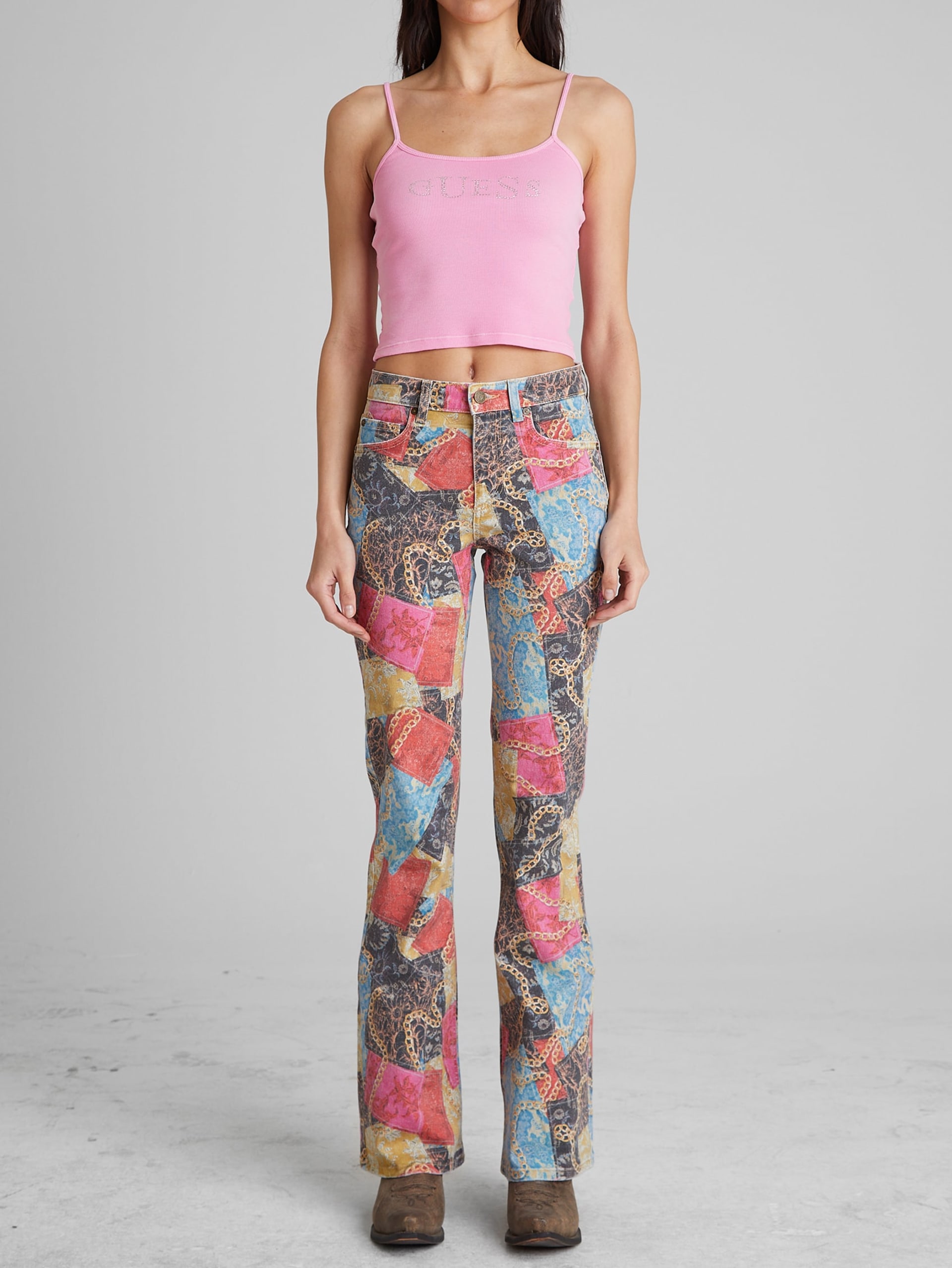 Calça jeans flare estampada