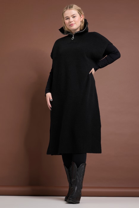 Strick-Kleid, oversized, Troyerkragen, ärmellos
