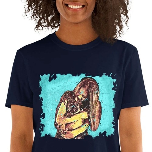 Camiseta feminina Mascochula, estampa personalizada com grafite do seu pet, azul marinho