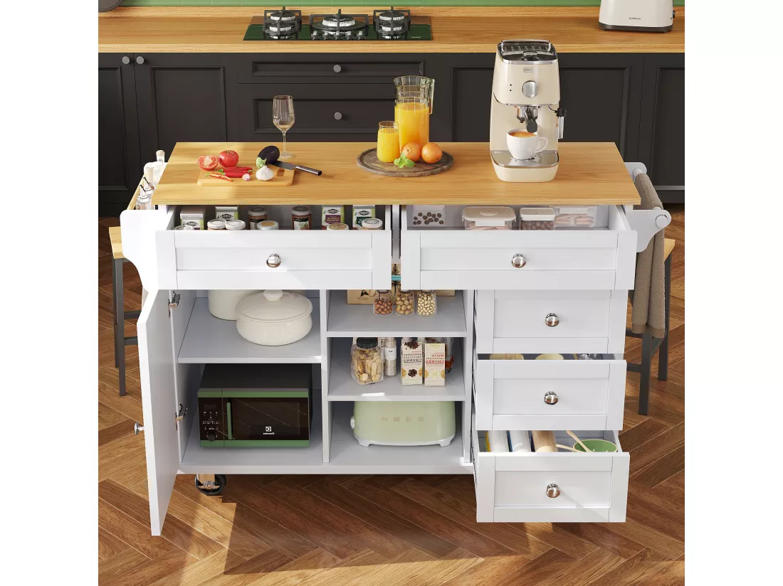 Ilot central de cuisine fixe avec une porte, 5 tiroirs et 3 compartiments ouverts - 134 x 46 x 92 cm - Bois MDF - Blanc