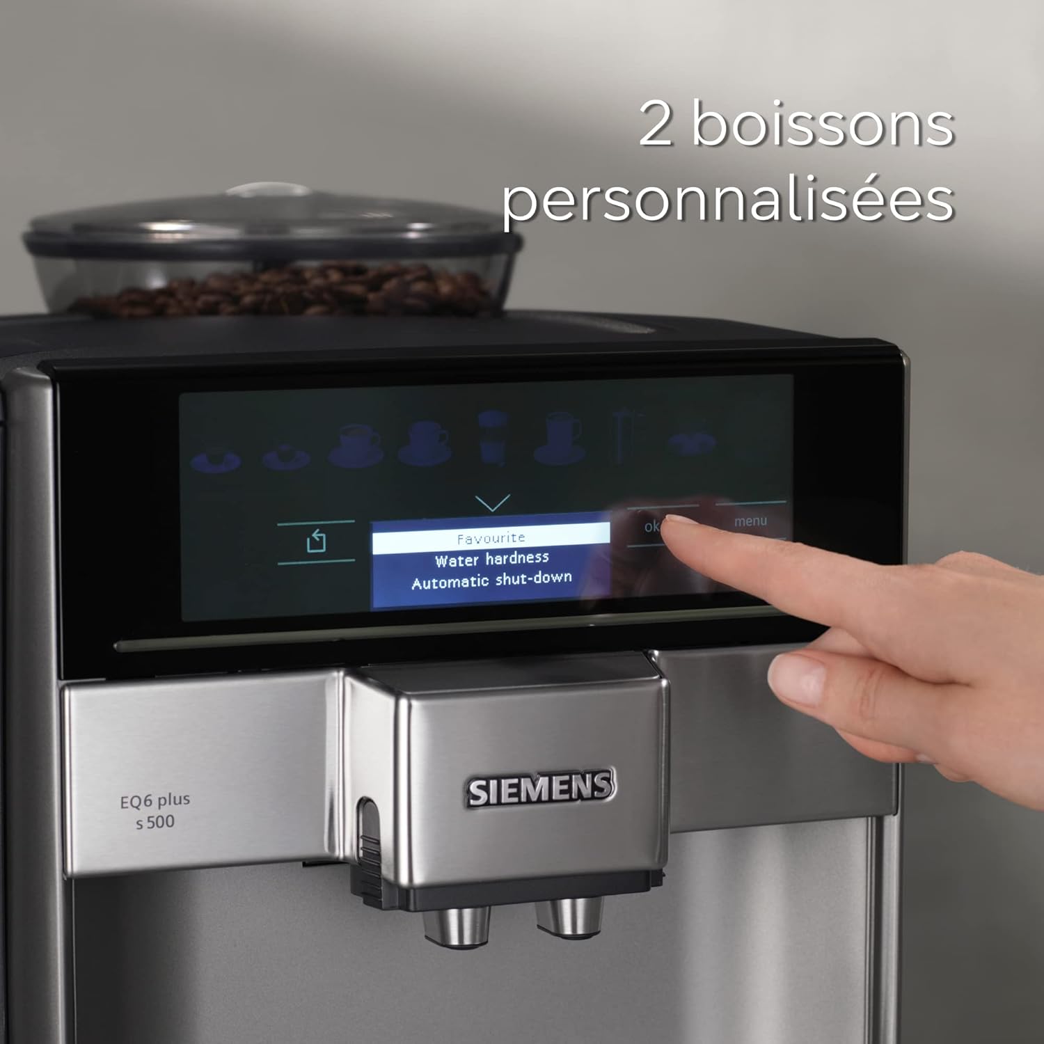 SIEMENS, machine à café tout automatique, EQ6 plus s500, aromaDouble Shot, système autoMilk Clean, Broyeur céramique, affichage coffeeSelect, gris/noir - Inox TE655203RW
