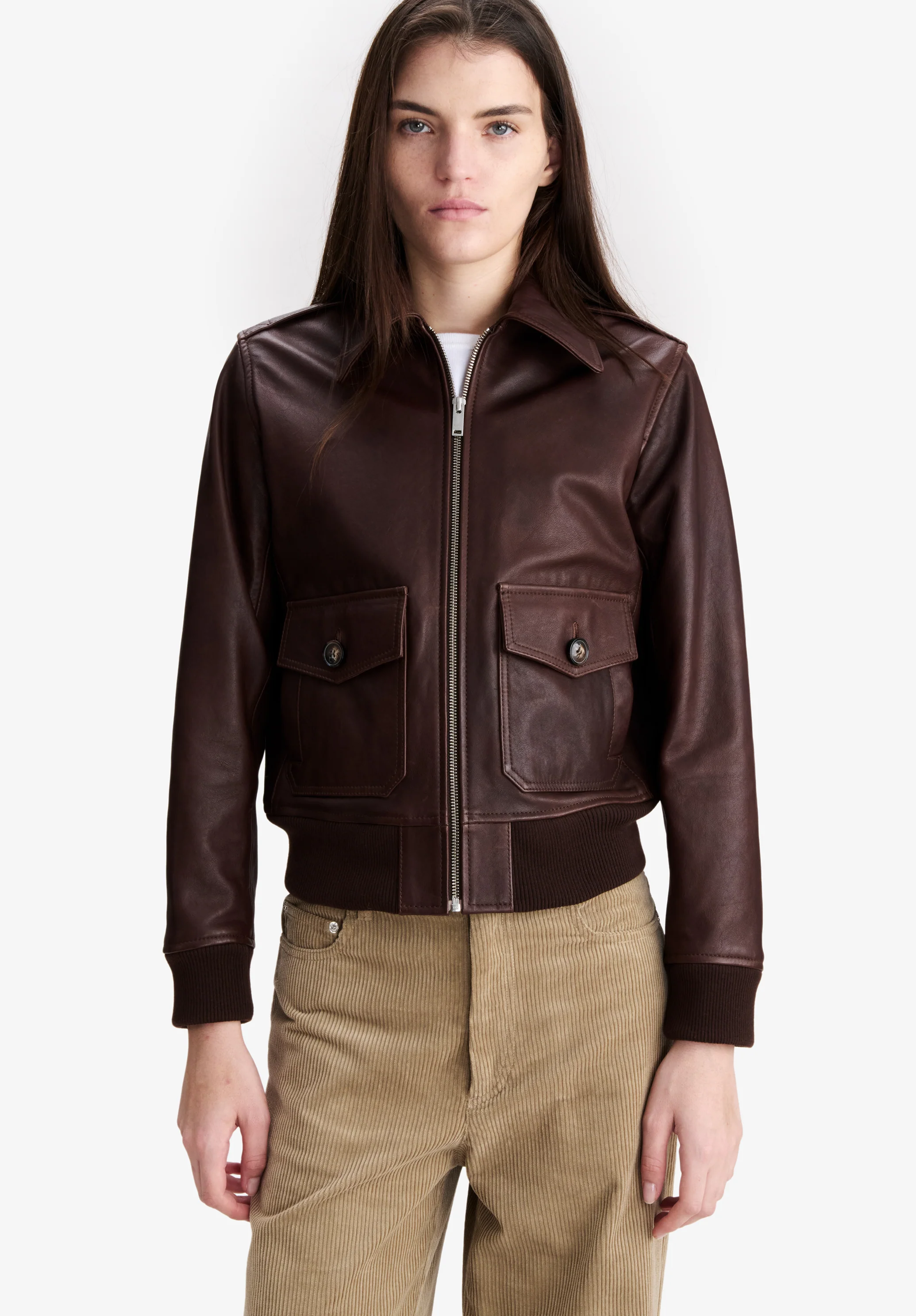 Blouson court en cuir marron - Marron