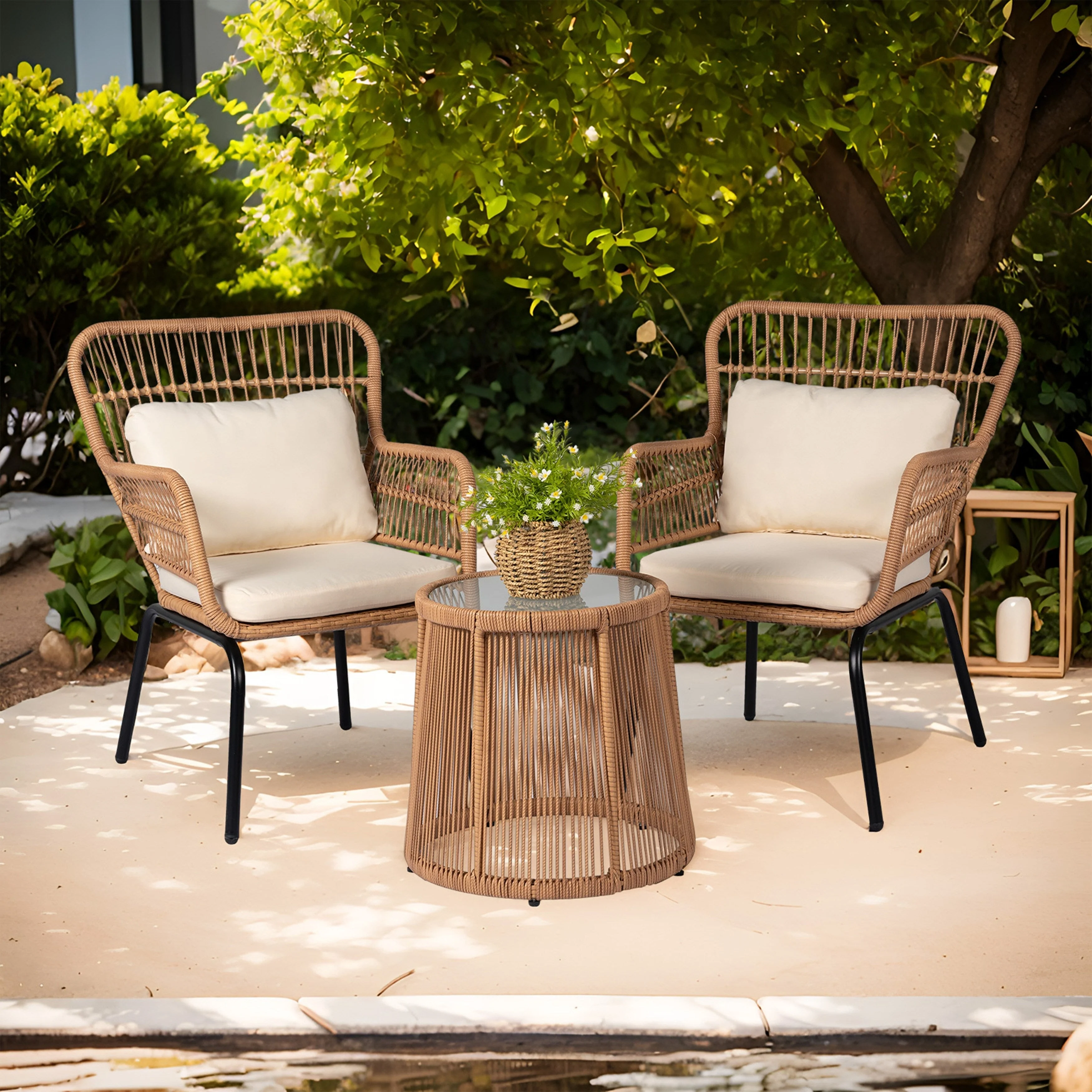3 Piece Outdoor Wicker Conversation Bistro Set, All-Weather Rattan Furniture Patio Chairs Set with Cushions