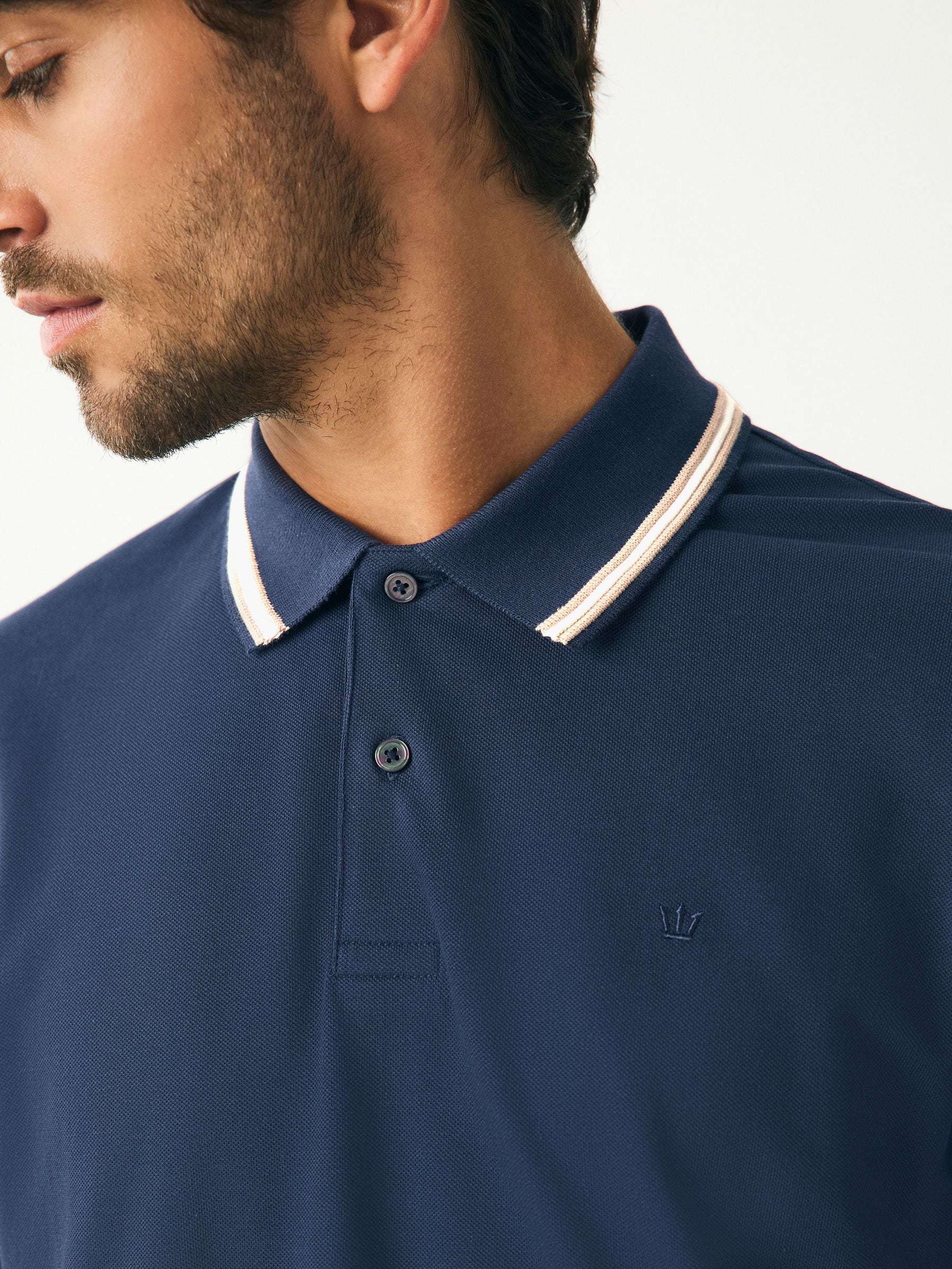 Marineblauwe Ottoman - Regular fit poloshirt met korte mouwen en contrasterende randen