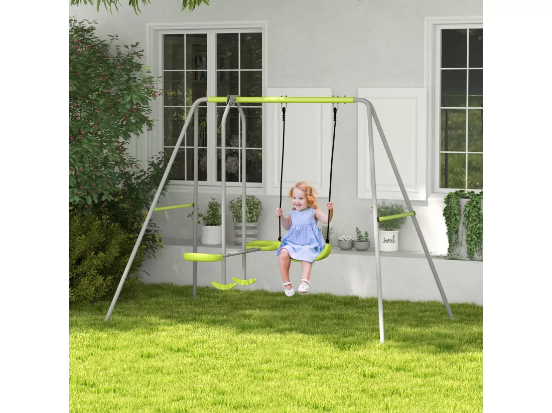 Balançoire 2 agrès portique avec balançoire et face à face dim. 2,55L x 1,6l x 1,8H m métal époxy PE gris vert