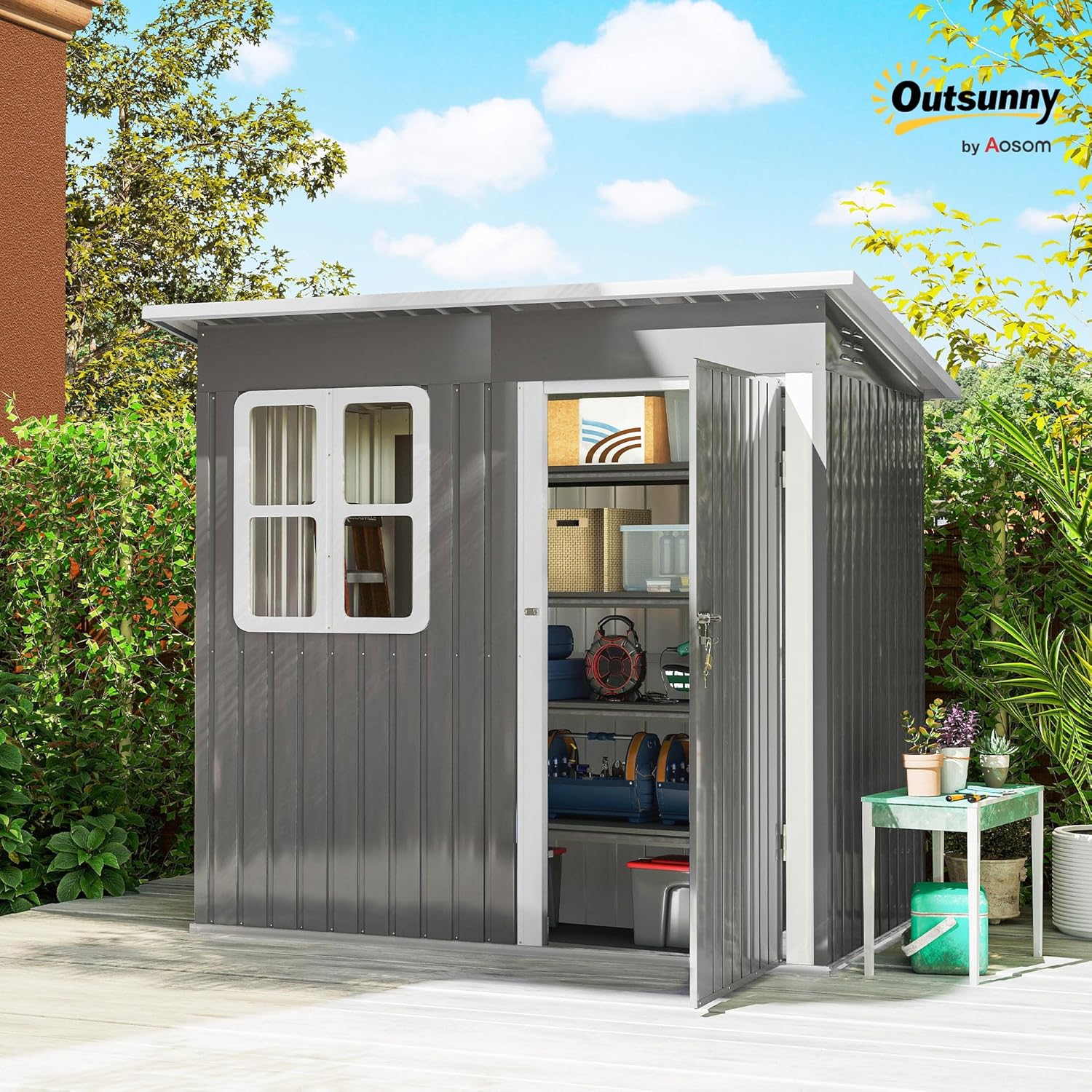 Outsunny Gerätehaus 2,55m², Gartenhaus mit Pultdach, 221 x 133 x 190/173 cm, Geräteschuppen mit Abschließbar Tür, Fenster, Fahrradgarage, Gartenschrank aus Stahl, für Hinterhof, Garten, Dunkelgrau