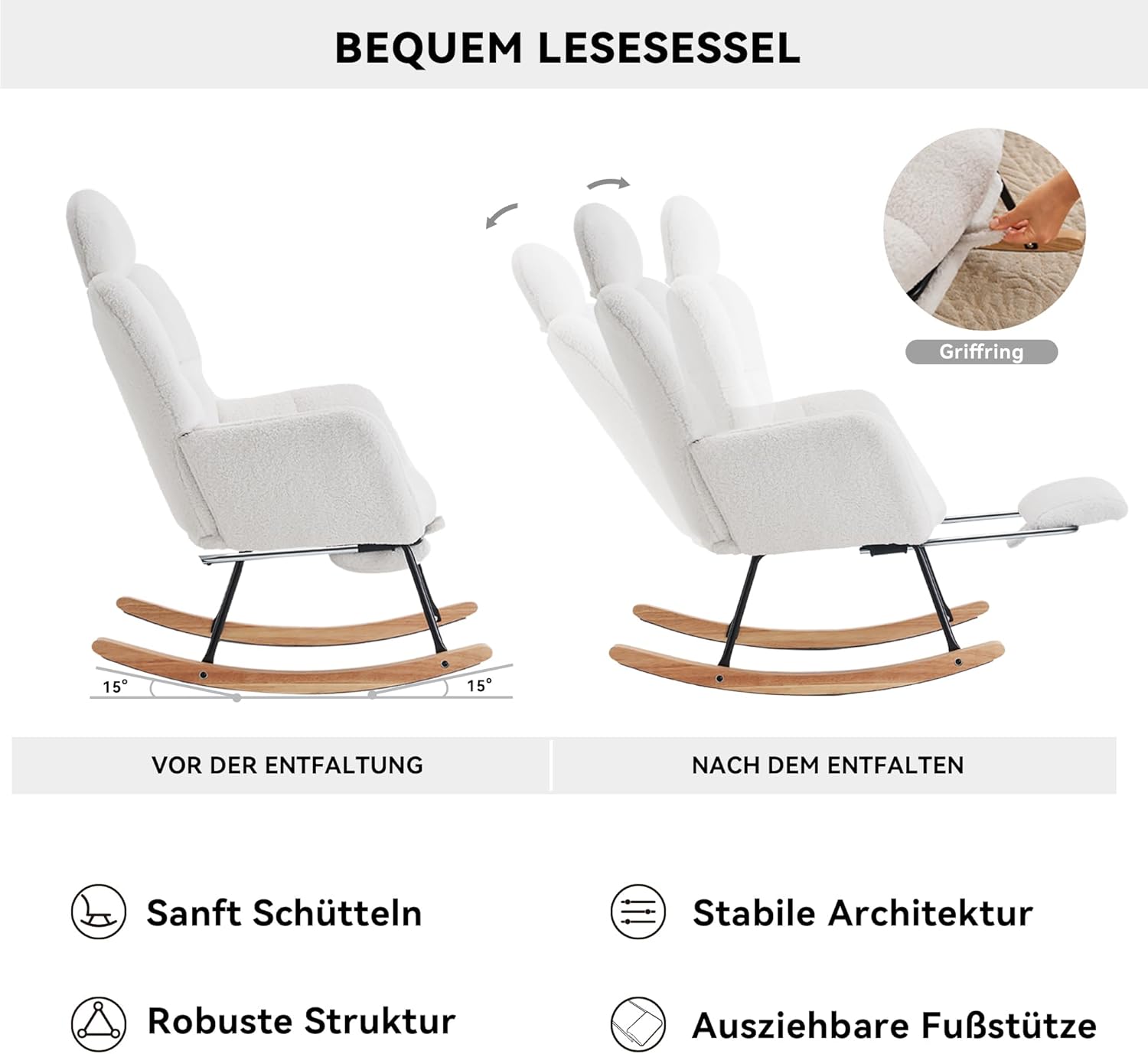 Schaukelstuhl mit Hocker und Kopfstütze, Teddy Stillsessel mit Fußstütze, Großer Sessel zum Stillen, Bequem Lesesessel Holz für Wohnzimmer Schlafzimmer, Weiß