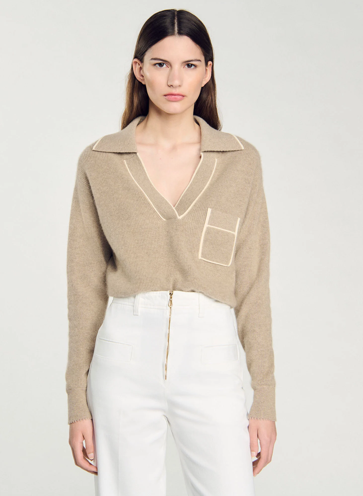 Pull col polo en laine et en cachemire mélangés | Beige