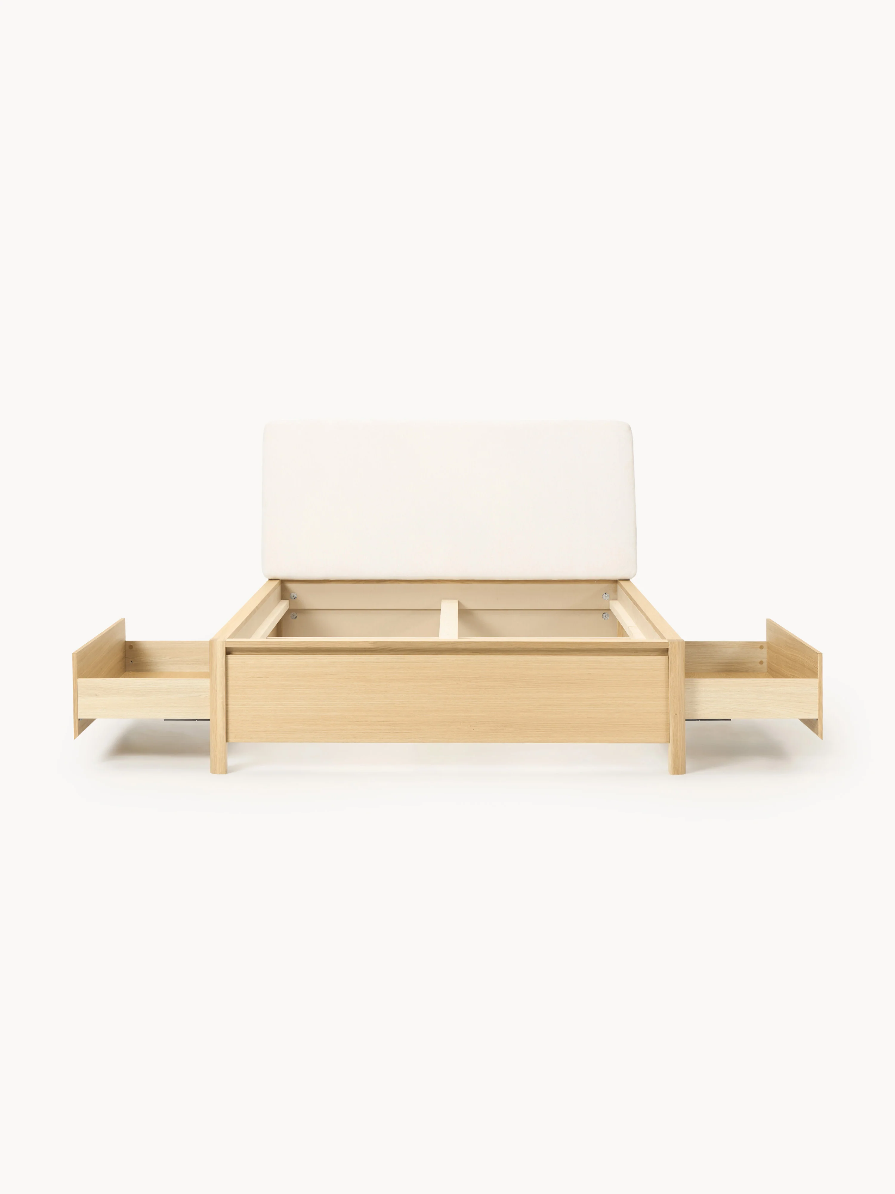 Houten bedframe Santiago met gestoffeerd hoofdeinde en lades