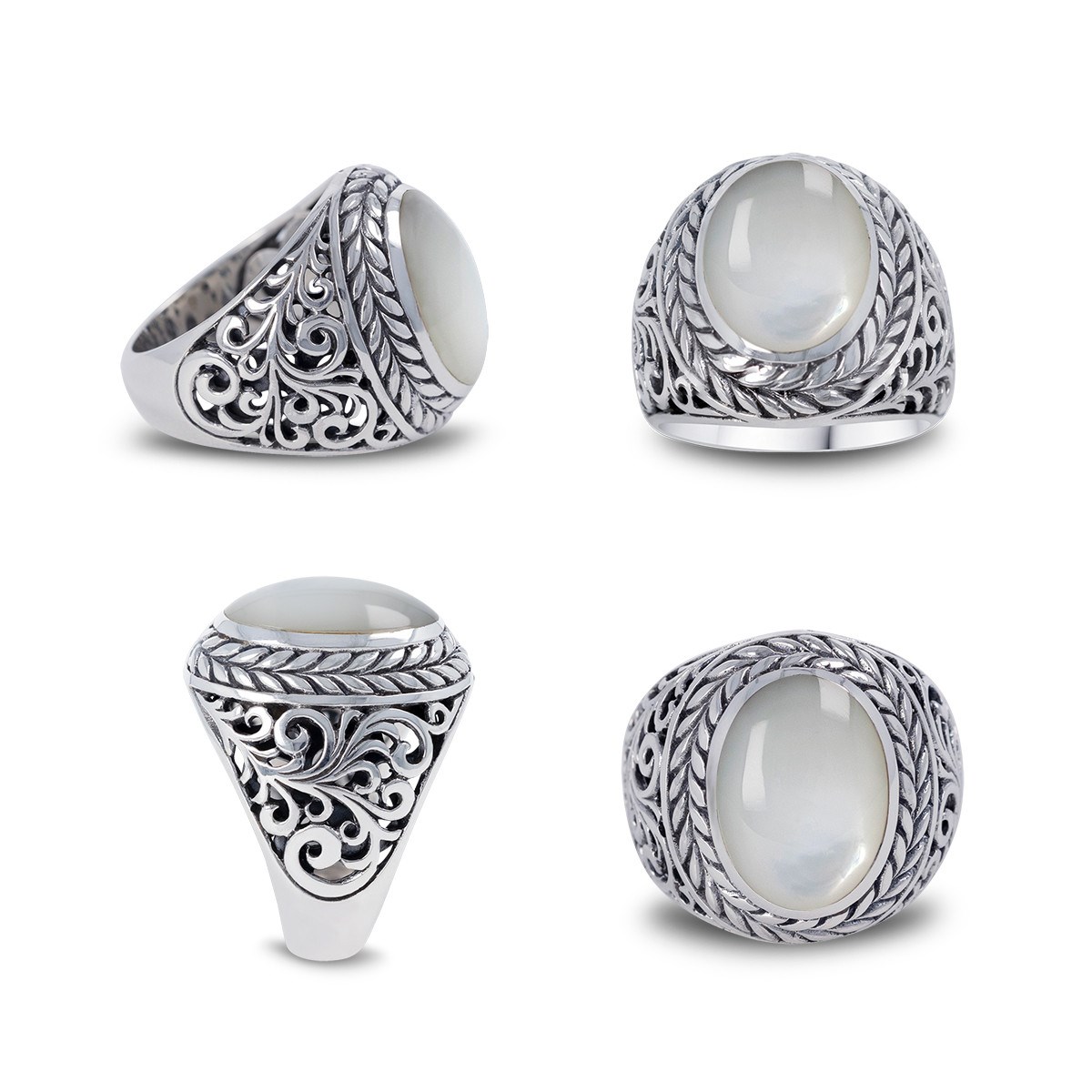 Bague Chevalière Homme en Argent Massif Vieilli avec Nacre Blanche | Aden
