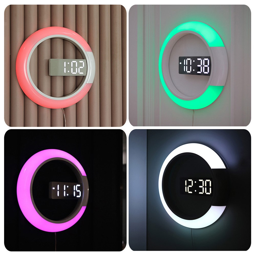 (Ø30.5cm) Digitale LED Wanduhr Spiegel Wecker mit RGB Ring Nachtlicht - Weiss