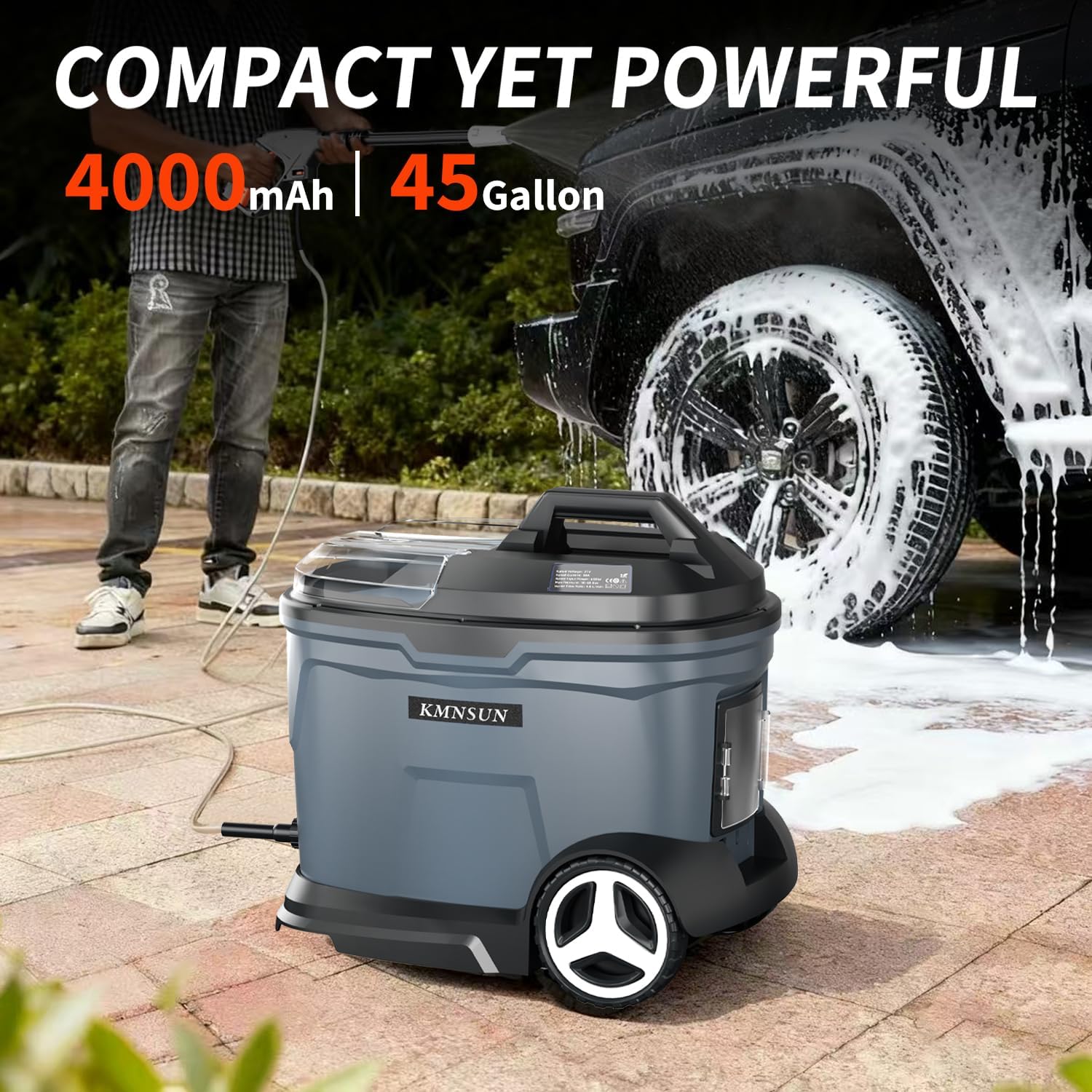 Akku hochdruckreiniger, 20 L hochdruckreiniger mit wassertank, debiet: 4 L/min, max. 60 bar, nachhaltige Arbeit: 40-45 Minuten, 4000 mAh accu x 2, Ladegerät x 2, schuimsproeier, 5 m Slang