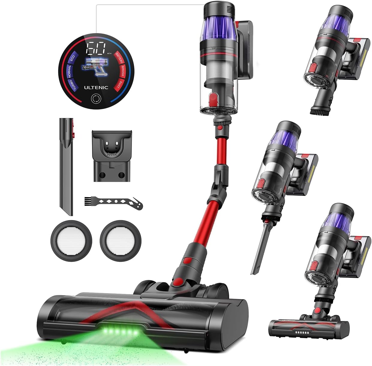 Ultenic Akku Staubsauger 50KPA/550W/60Min, 1,5L Staubsauger Kabellos, Touchscreen Display, Anti-Tangle Bürste, Wandmontierte Ladestation Grün Licht, 180° Faltbarer, für Tierhaare/Teppiche/Hartböden