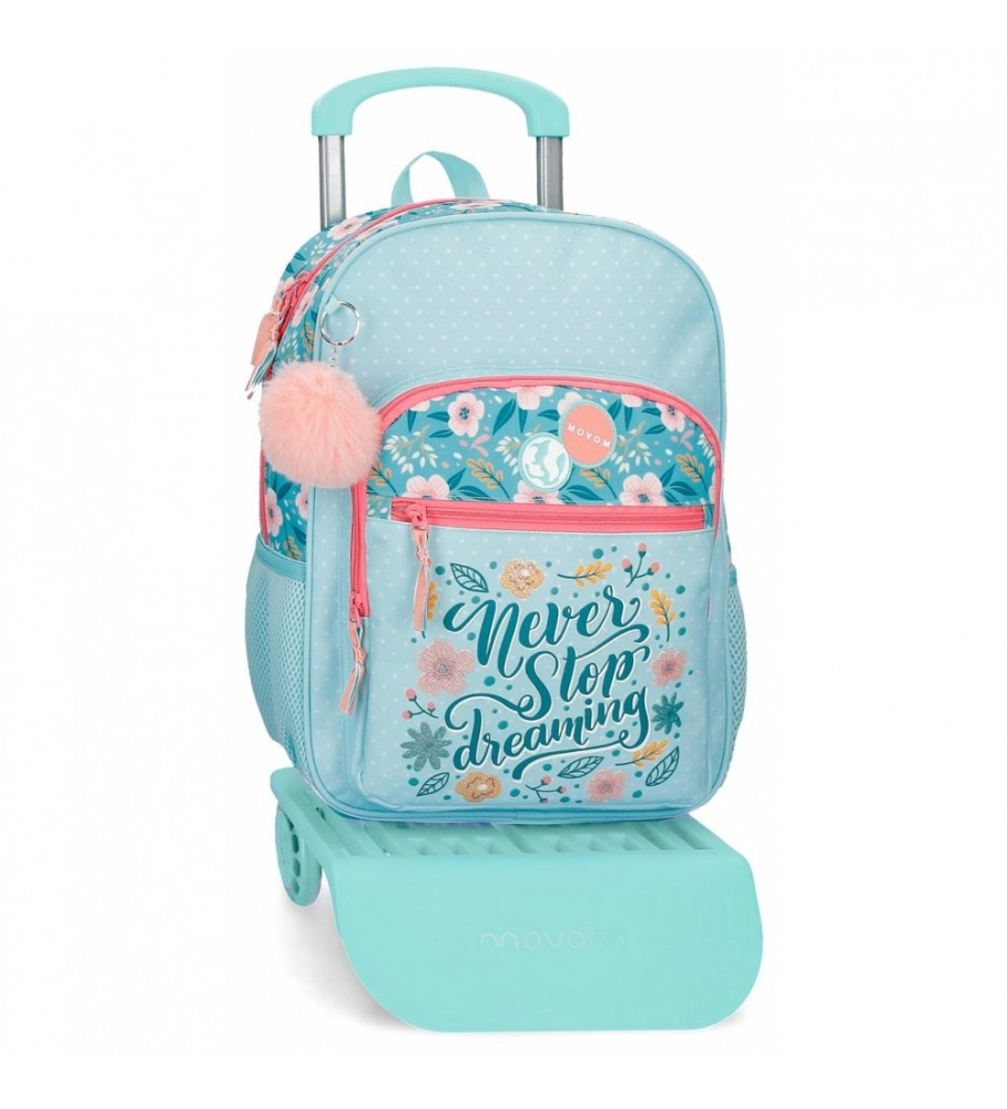 Mochila Movem 38cm Never Stop Dreaming com rodinhas azuis