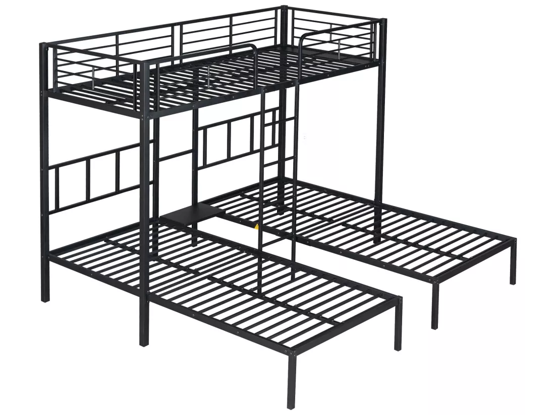 Lit superposé triple 3x90x200cm avec échelle et un plateau - cadre en métal - Noir