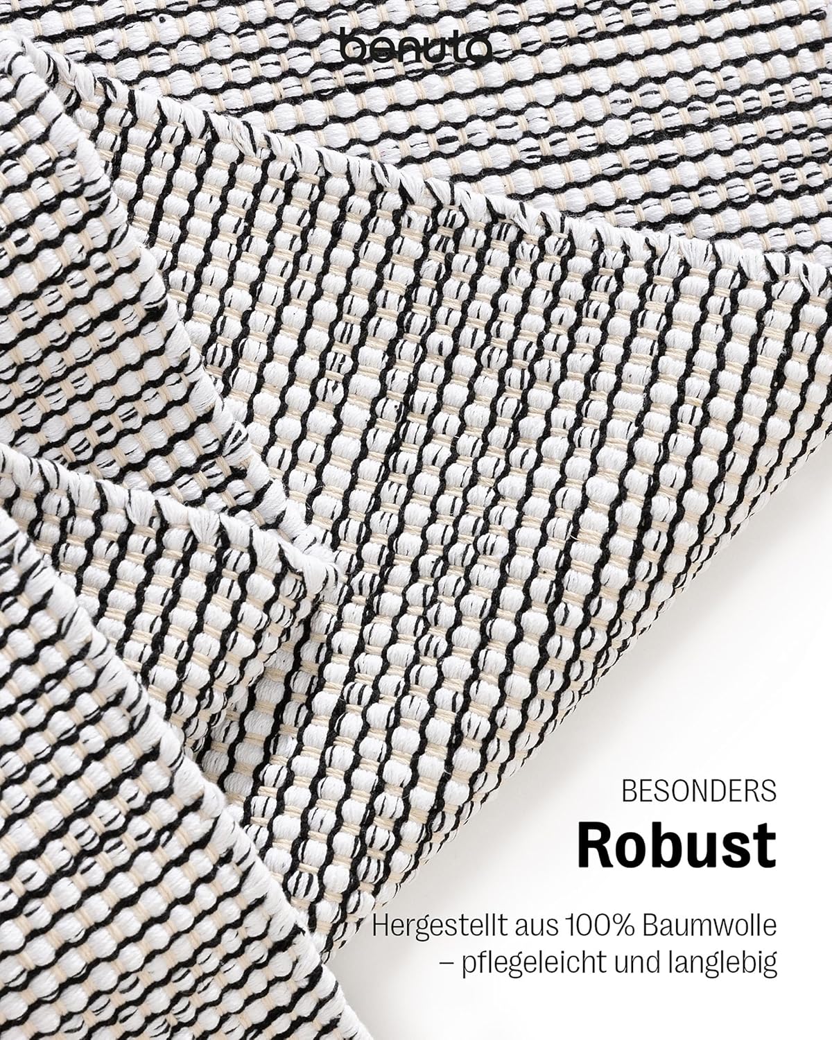 benuta Basic handgewebter Baumwollteppich Ron - Beige/Schwarz 200x290 cm - Handwebteppich aus 100% Baumwolle - Style: Uni, Minimalistisch, Natural Living - Pflegeleicht für Wohnzimmer Schlafzimmer