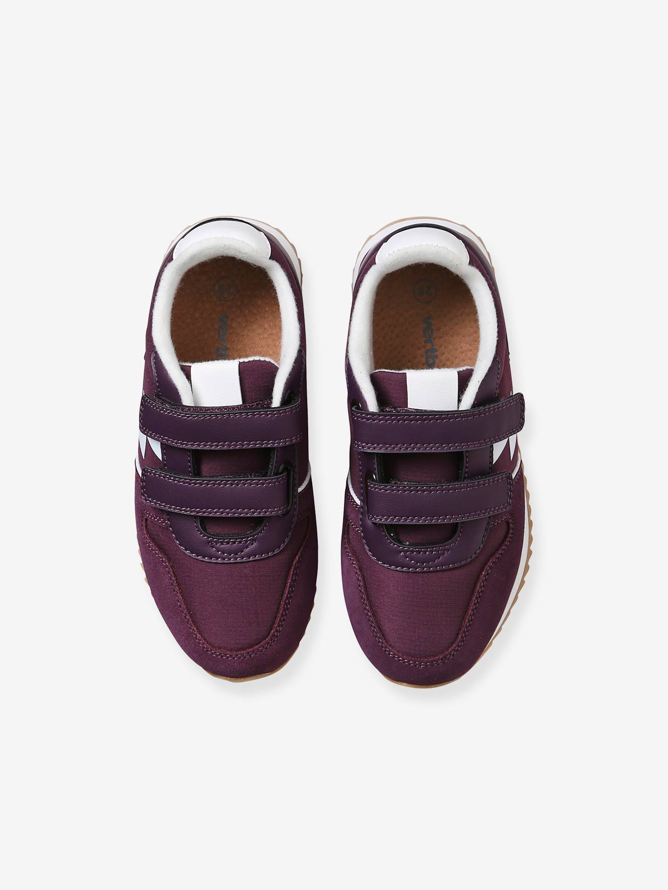 Tênis de corrida lisos, vermelho escuro, para meninas, com fecho de velcro.