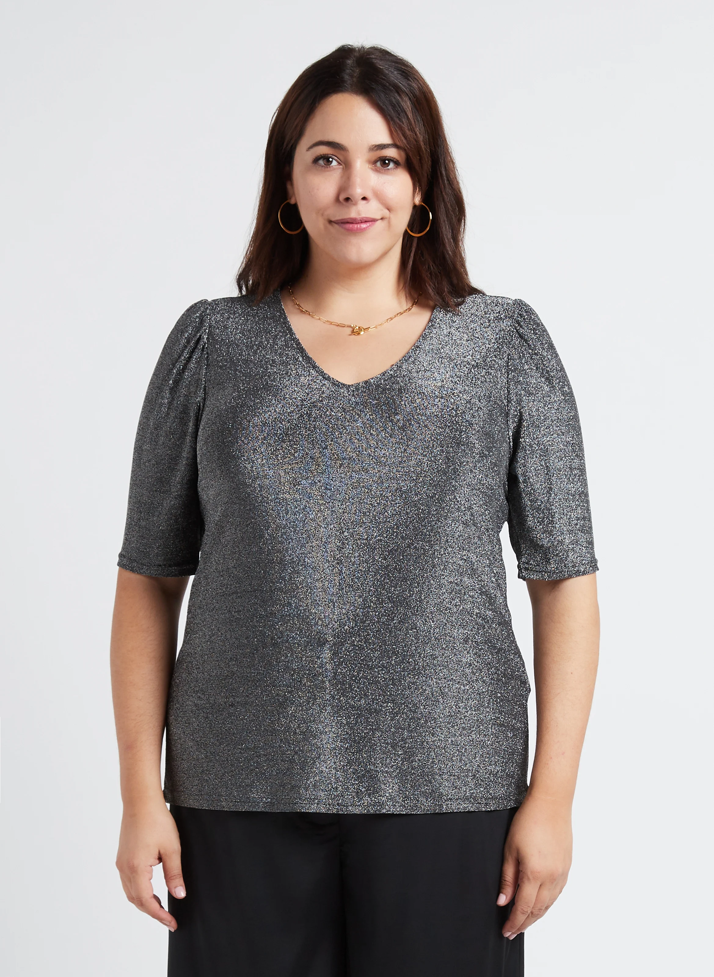 SPICY - Top col V à paillettes| Argent