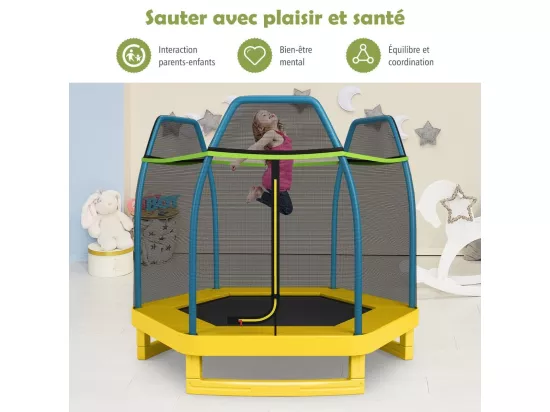 Trampoline Extérieur Ø 223cm Enfants avec Filet de Sécurité, 36 Ressorts Protégés Structure Acier Galvanisé Tapis de Saut PP Jaune