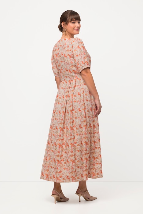 Trachtenkleid, Blüten, Rundhals, Halbarm, Leinenmix