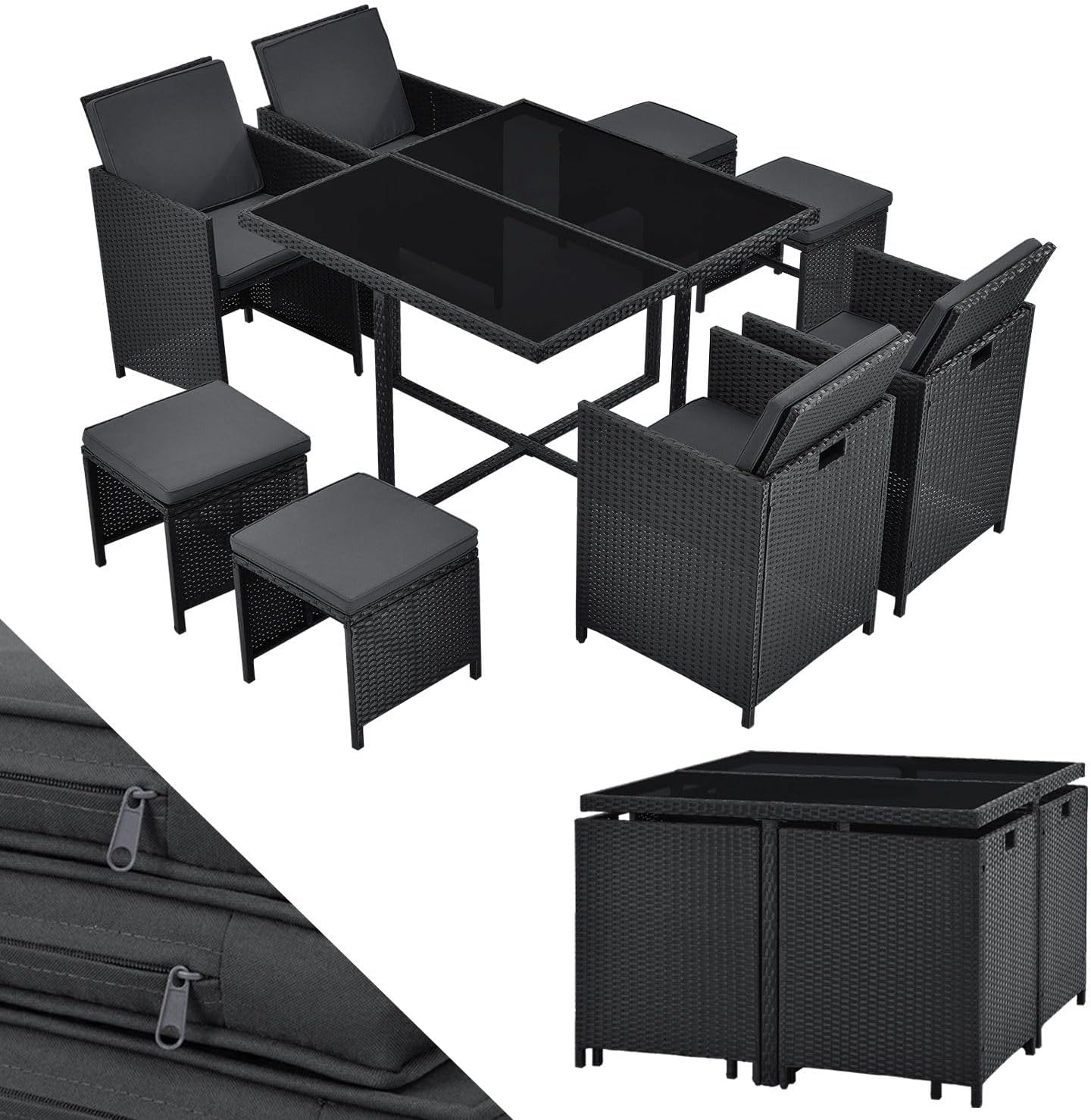 Juskys Polyrattan Sitzgruppe Baracoa L 9-teilig wetterfest, stapelbar - 4 Stühle, 4 Hocker, Tisch mit Glasplatte, Kissen - 8 Personen - Gartenmöbel Set für Garten, Terrasse