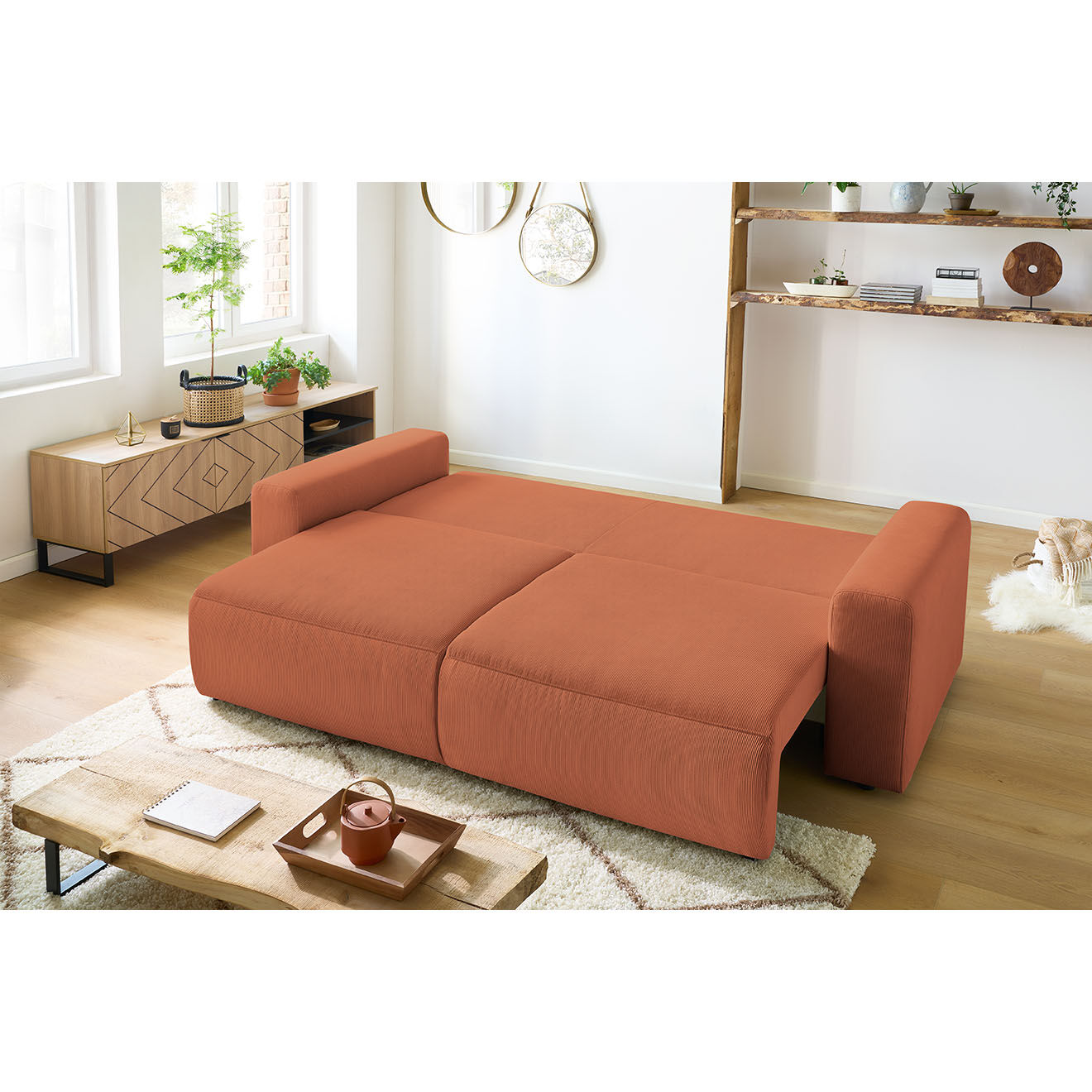 Bobochic Canapé 3 places convertible velours côtelé Envy orange - 245x102x88 cm