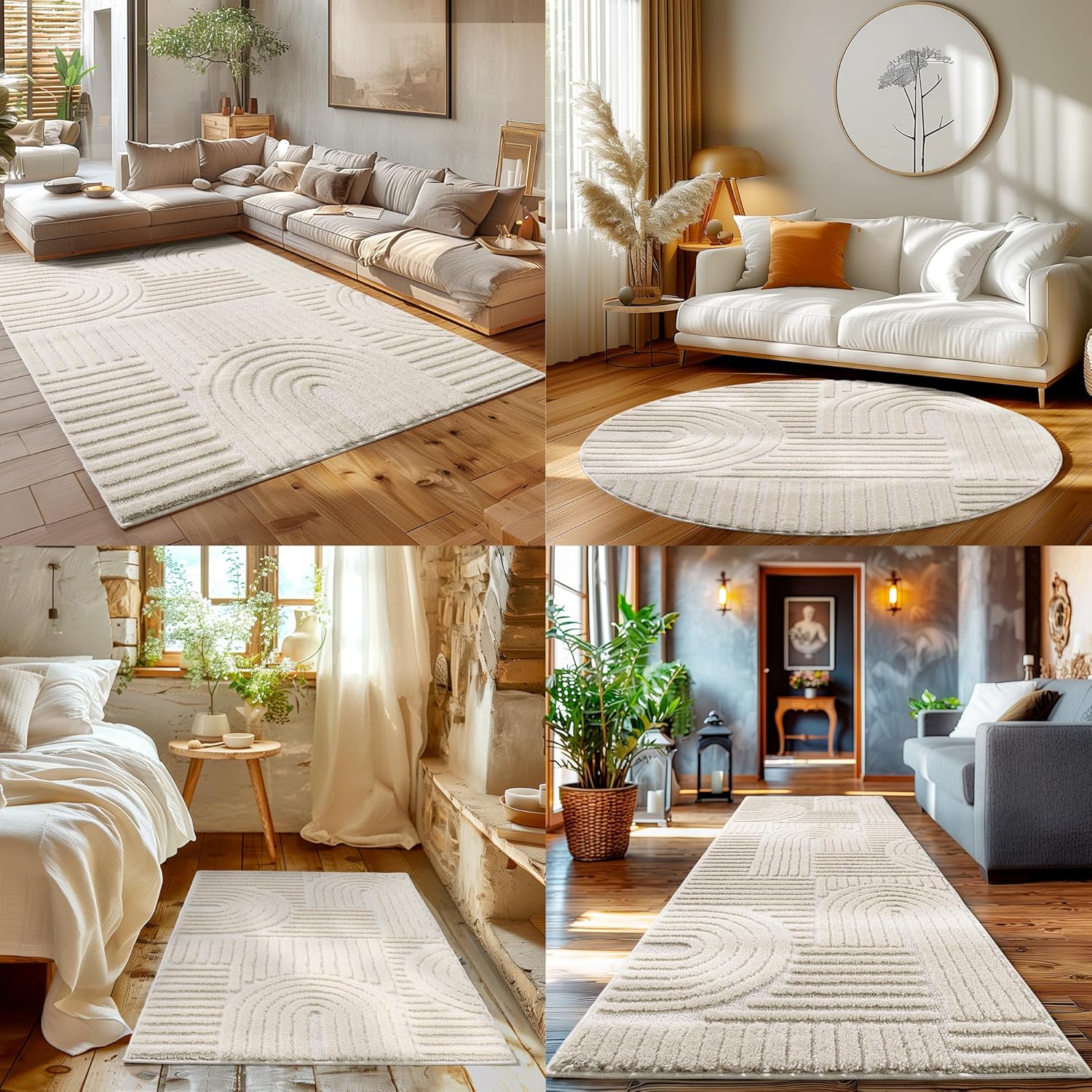 HomebyHome Kurzflor Teppich 240 x 340 cm Creme - Hoch-Tief 3D Effekt Waschbar, Flauschig und Extra Weich - Skandinavisch Boho Muster für Wohnzimmer, Schlafzimmer, Esszimmer und Küche