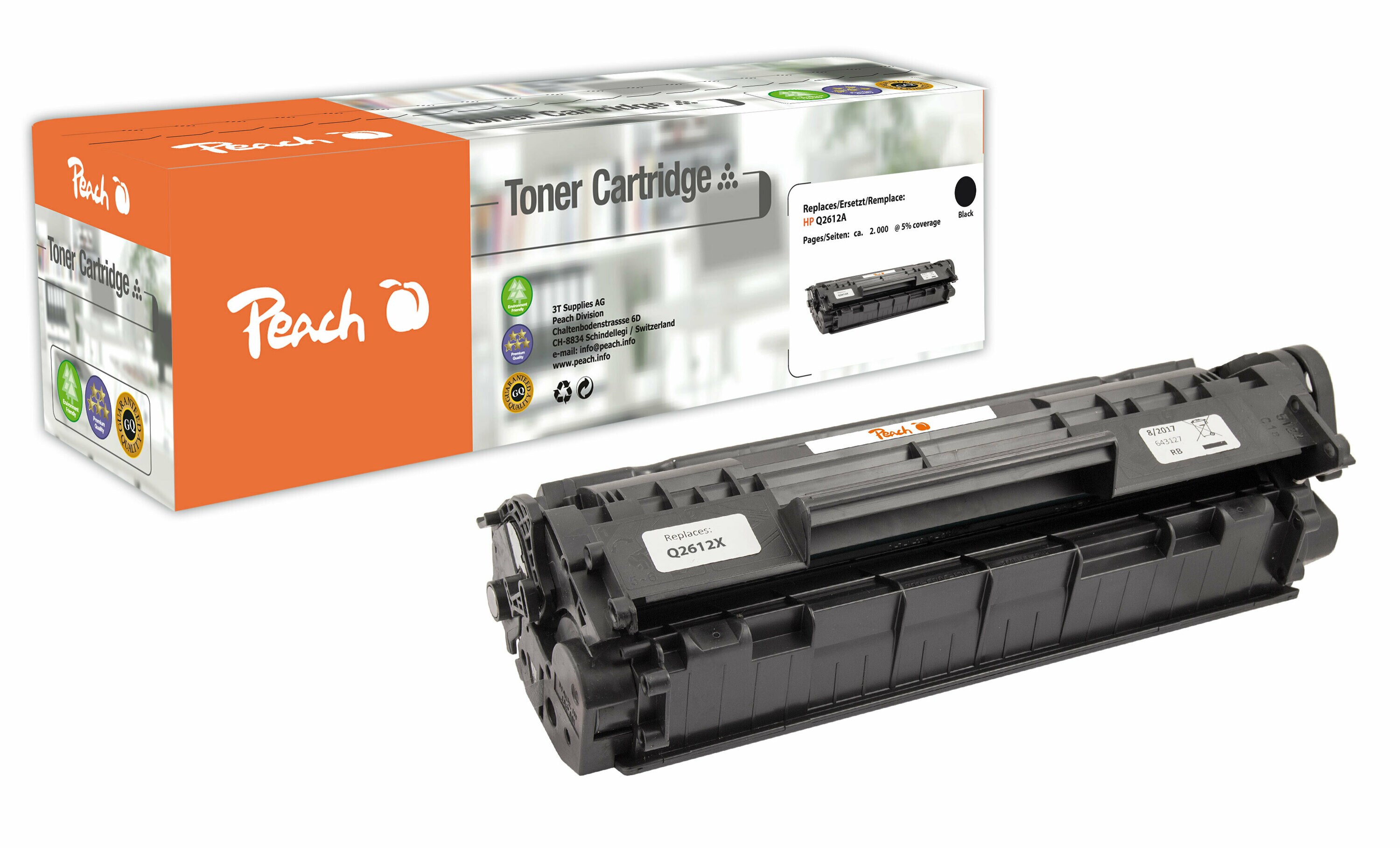 Peach HP 12 ABK Toner XL bk ersetzt Canon, HP No. 12A BK, Q2612A, CRG-703, EP-703 für z.B. HP LaserJet 1018, Canon ISensys LBP -2900 (wiederaufbereitet)