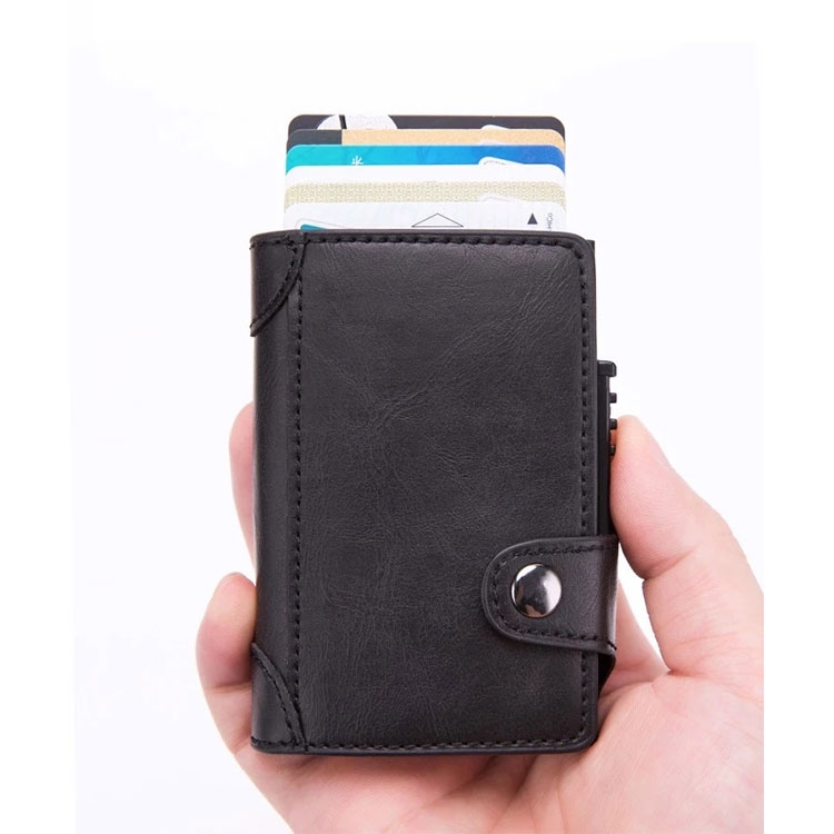 Mini Kreditkarten Leder Etui Geldbörse mit Kartenauswurf-Mechanismus für 8 Karten (RFID Schutz) - Schwarz / Carbon