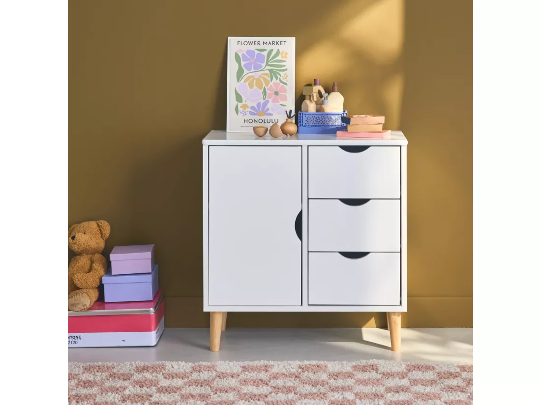 Commode enfant. 1 porte et 3 tiroirs. 2 étagères. blanc. pieds en pin