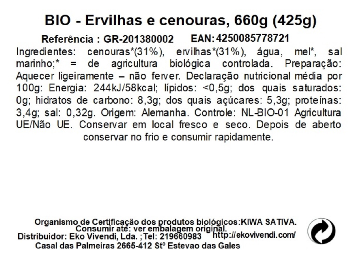 ERVILHAS E CENOURAS GREEN BIO 660G (425G)
