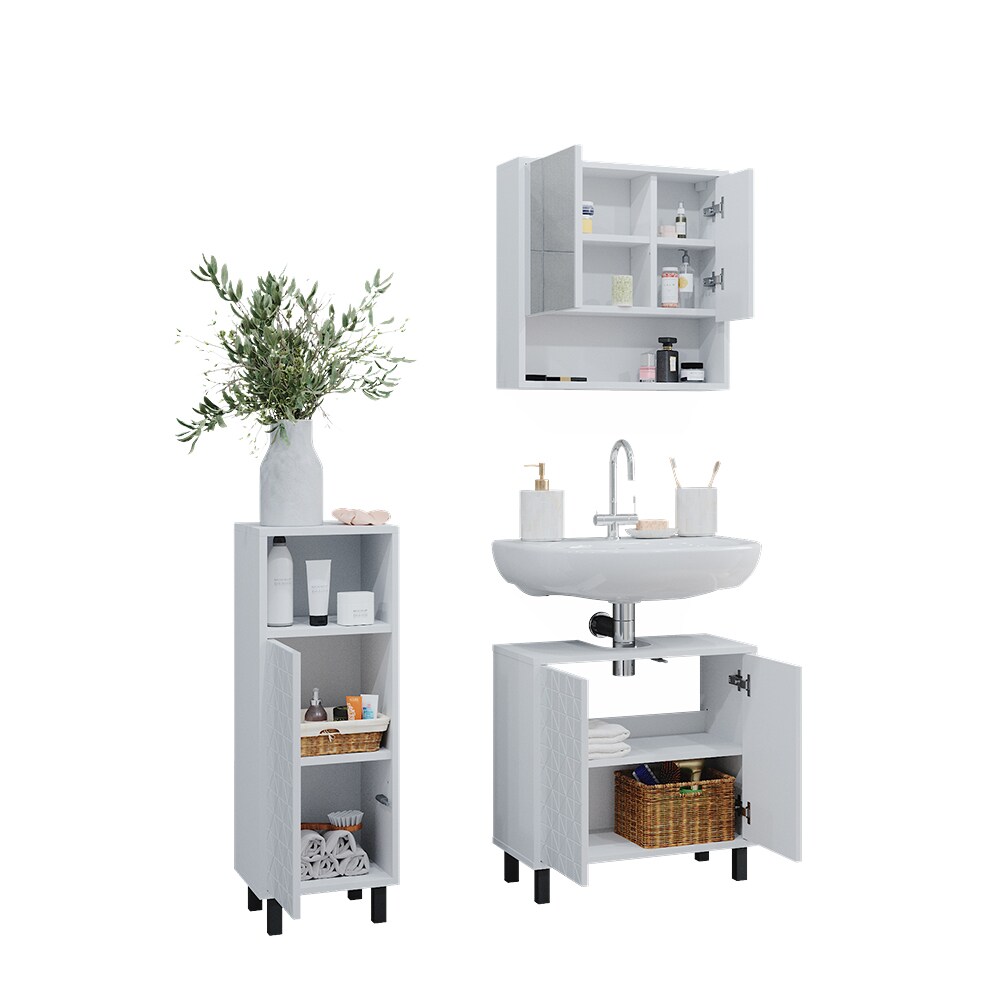 Vicco Badmöbel-Set Agasta weiß, Badezimmerschränke 3D Optik