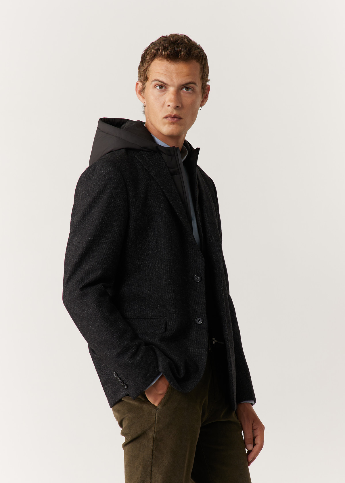 Veste casual Regular en laine mélangée unie anthracite à capuche amovible