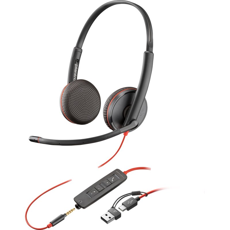 HP Poly Micro-casque stéréo USB-C Poly Blackwire 3225 + prise 3,5 mm + adaptateur USB-C/A (lot)