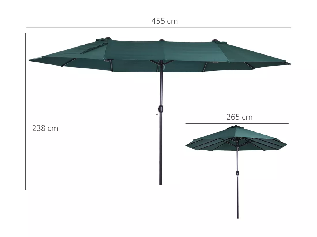 Parasol de jardin XXL parasol grande taille 4,6L x 2,7l x 2,4H m ouverture fermeture manivelle acier polyester haute densité vert