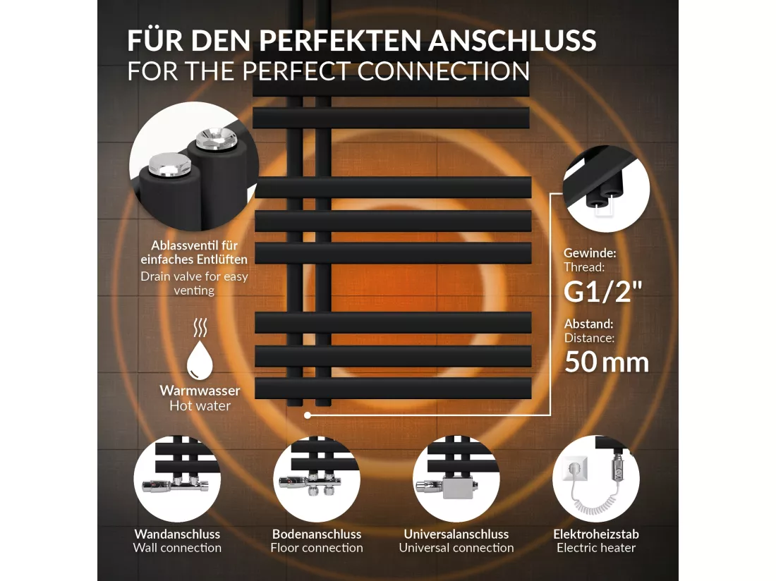 Radiateur sèche-serviettes de salle de bain noir 50x120 cm avec résistance 900W