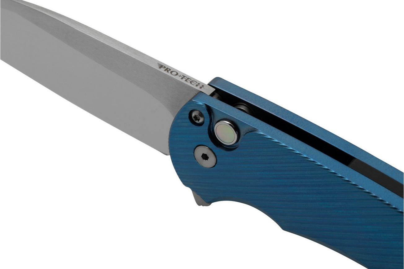 Pro-Tech Malibu Mike Irie Custom 2023, Blue Titanium handle, Gold Lip Pearl Button, Wharncliffe Blade, zakmes