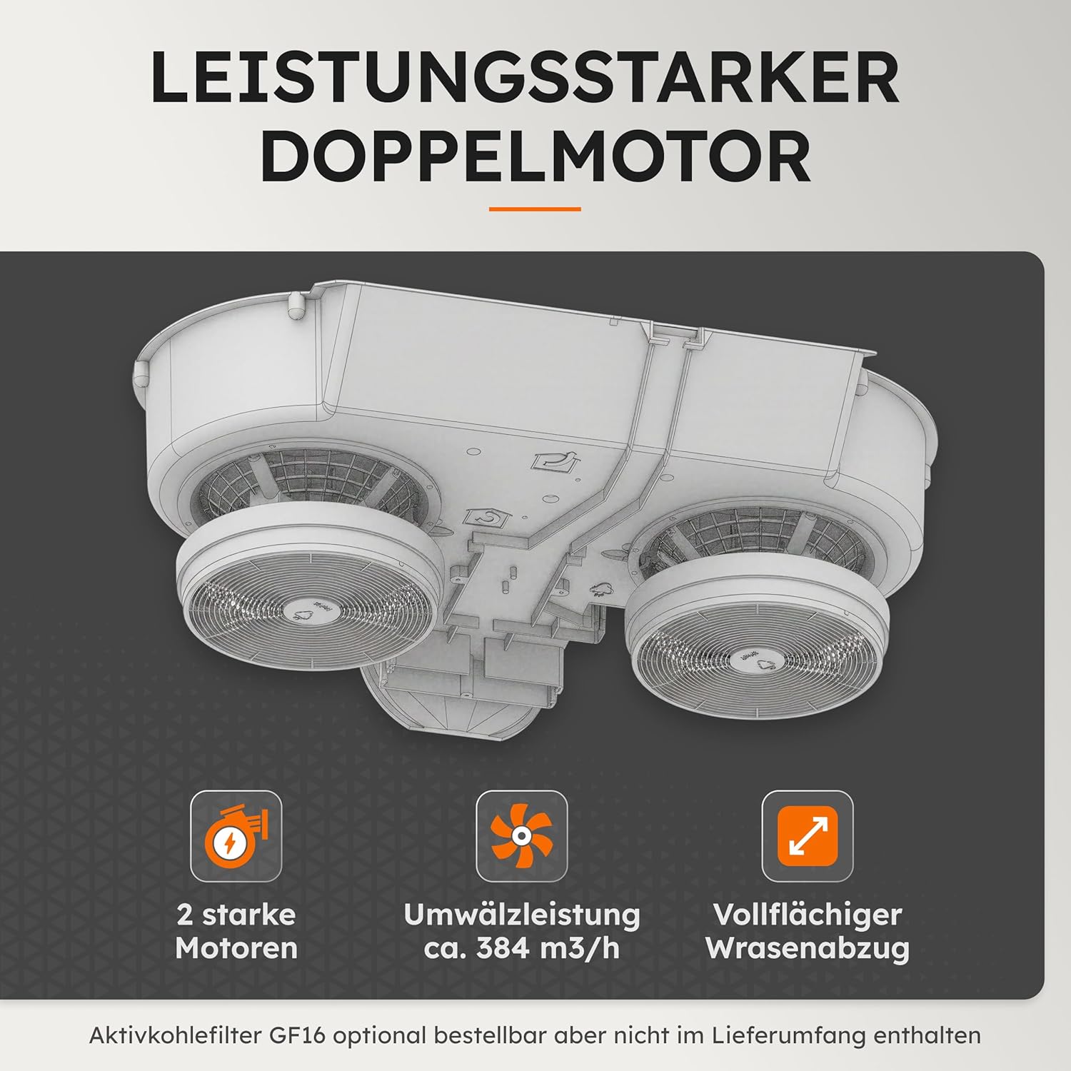 NEG Doppelmotor Design Unterbau-Dunstabzugshaube NEG15-TDLS+ (silber,Edelstahl), Glas-Front mit Sensor Touch, 322 m³/h Luftleistung, Nachlauffunktion, Abluft und Umluftbetrieb
