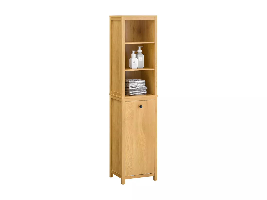 SoBuy Meuble Colonne de Salle de Bain, Armoire Haute, Placard de Rangement, Étagère de Rangement avec 1 Panier à Linge et 3 Étagères pour Salle de Bain, 40x35x173cm, Couleur Naturel Foncé, BZR95-SN
