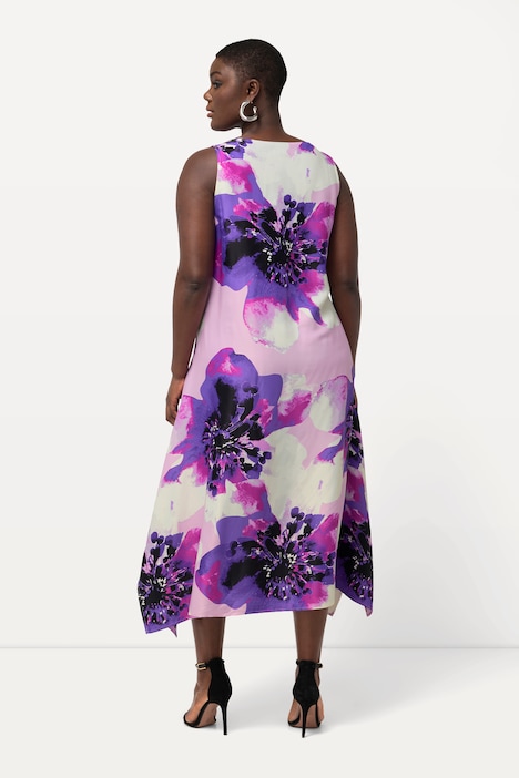 Midikleid, Blüten, Rundhals, ärmellos