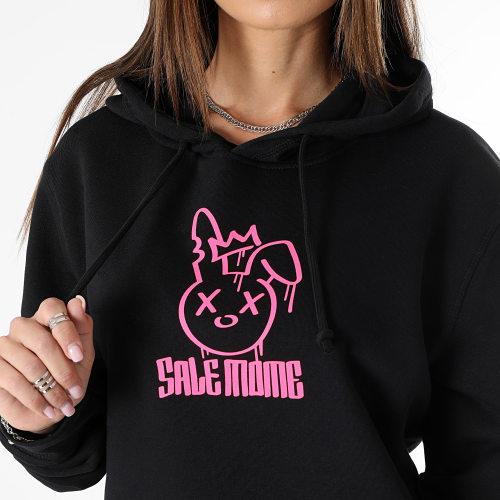 Sweat Capuche Femme Lapin King Noir Rose Fluo
