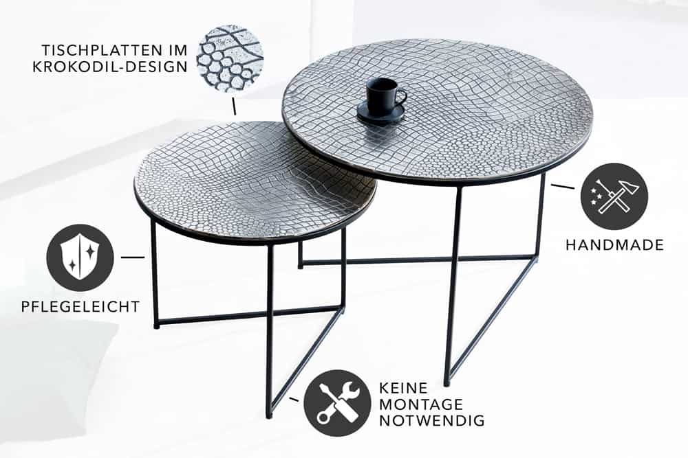 Rundes 2er Set Couchtisch ELEMENTS 60cm silber antik Krokodil-Design handmade