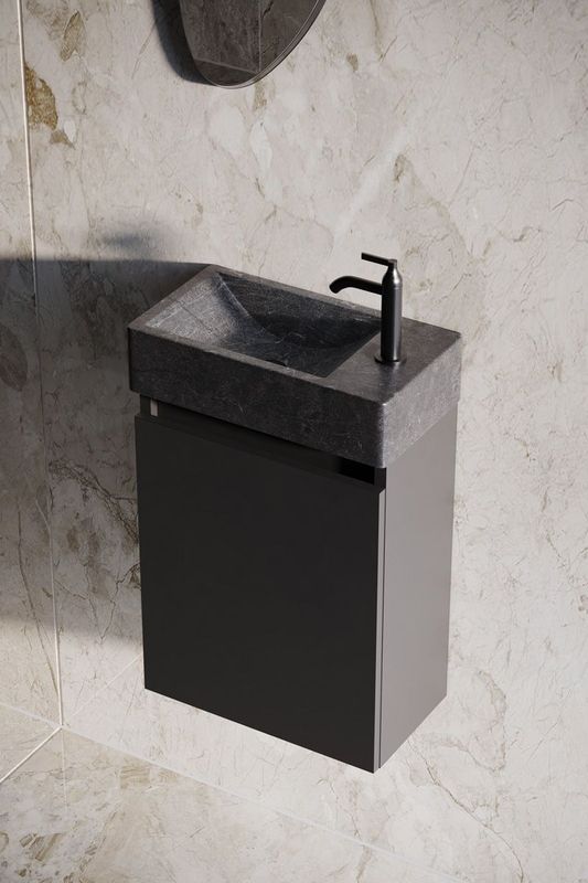 Fontana - Recto - Toiletmeubel - Mat Zwart - 40x22cm - Met Natuurstenen Fontein Rechts