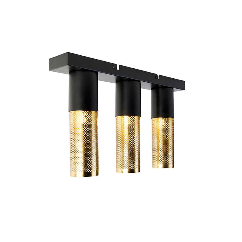 Industriële plafondlamp zwart met goud langwerpig 3-lichts - Raspi