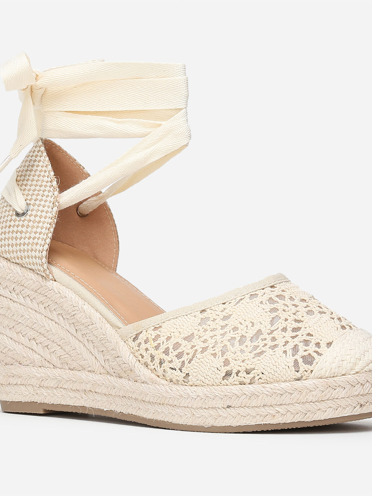 Espadrilles compensées dentelées à nouer- Beige