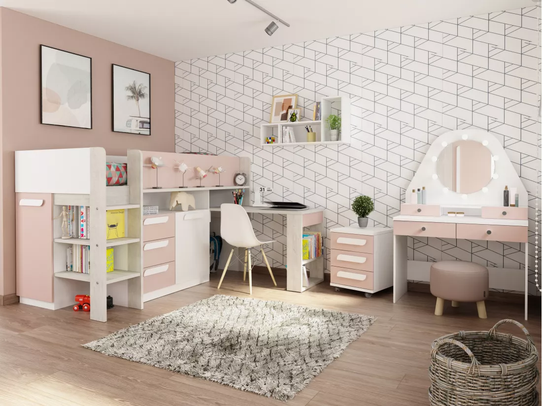 Lit combiné 90 x 200 cm - Avec bureau et rangements - Rose, naturel et blanc - LOUKALA