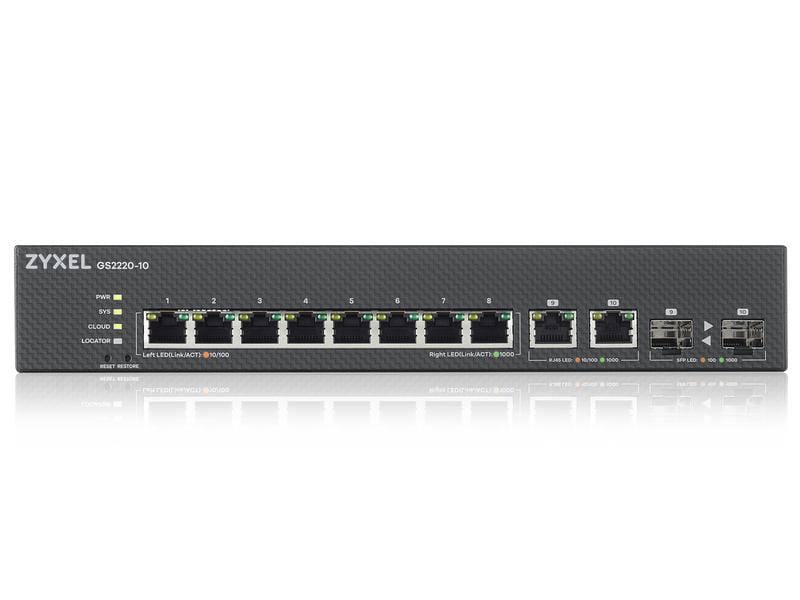 Zyxel Switch GS2220-10 10 Port 8-Port-GbE-Switch, Layer 2 managed, 8x GbE RJ-45 Ports, 2x GbE Combo-Port, lüfterlos